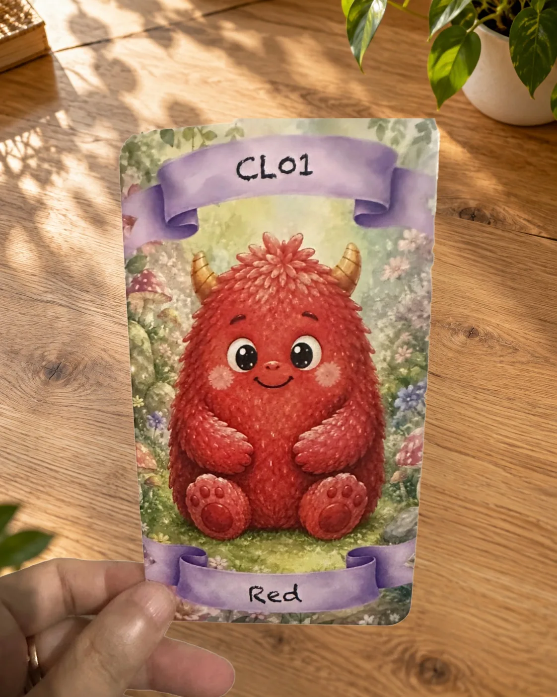 A Luppy™ Emotion Card held in the hand, actual size